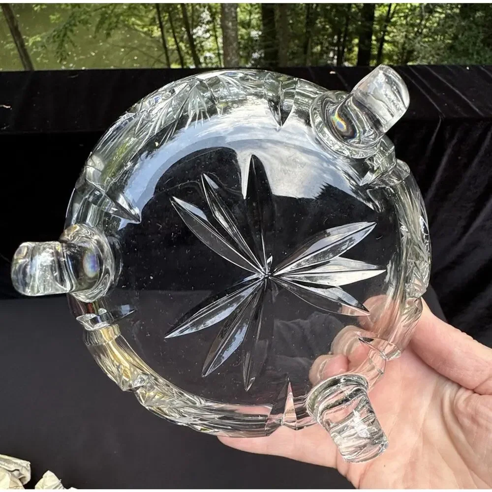 Vtg Crystal Glass Pinwheel Center Star Of David Pattern Footed Serving Bowl -C13
